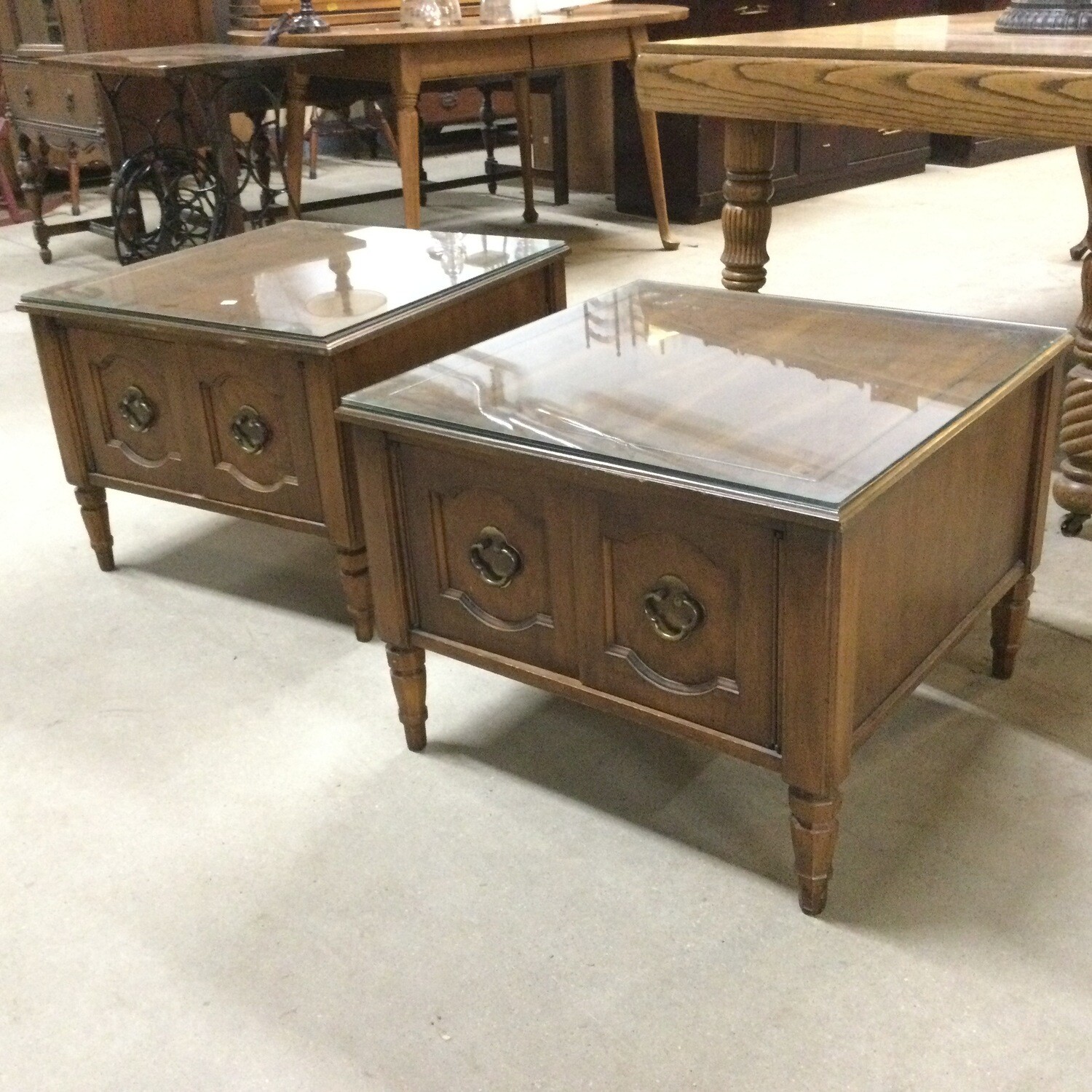 Pair of End Tables with Glass Toppers