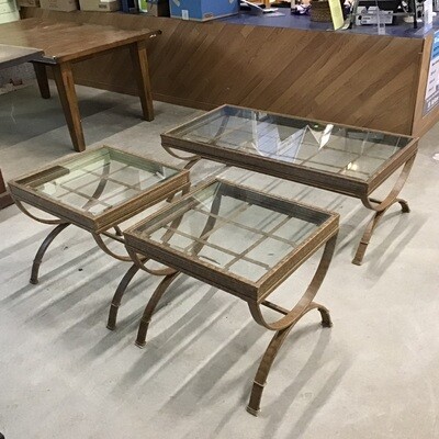 Metal Frame Glass-Top Living Room Table Set