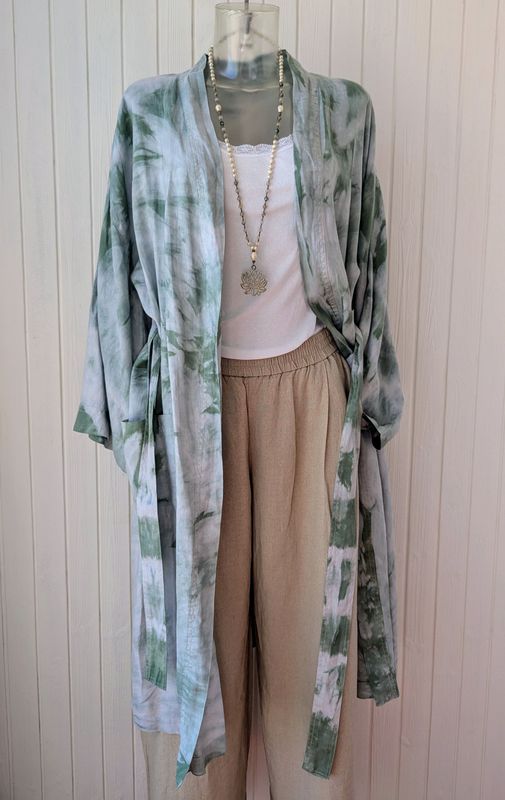 Leinen Kimono batik grün