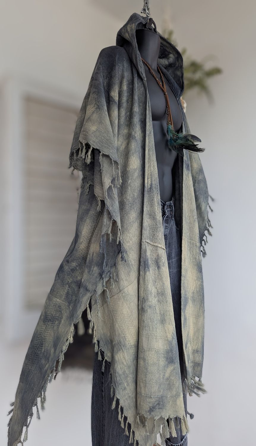 Batik-Kimono Kapuze schwarz/beige/dklblau