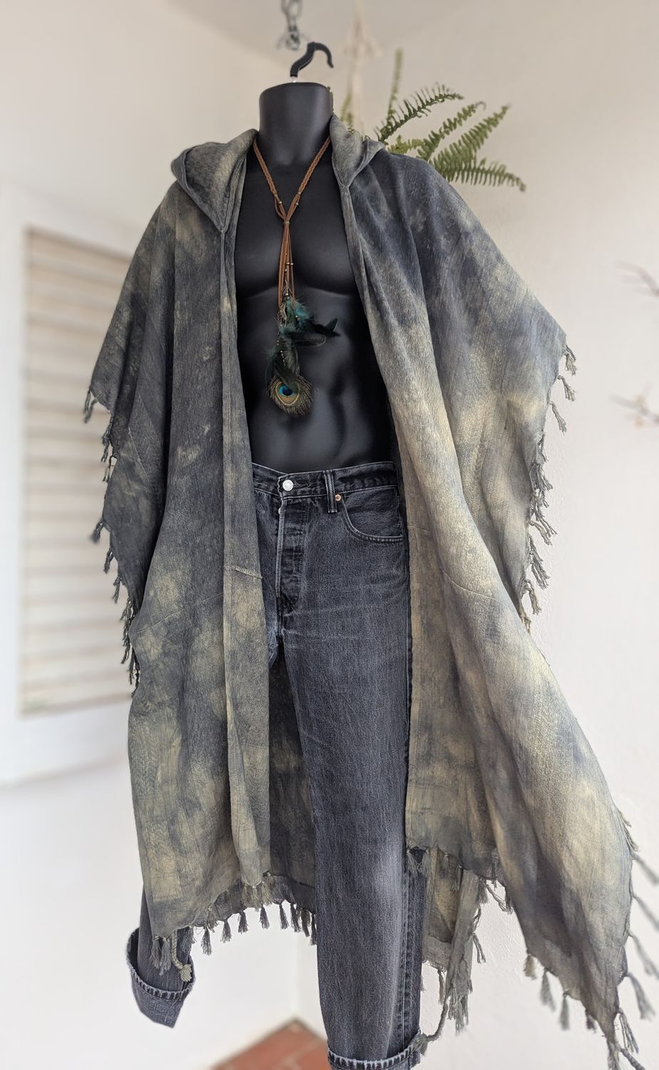 Batik-Kimono Kapuze schwarz/beige/dklblau