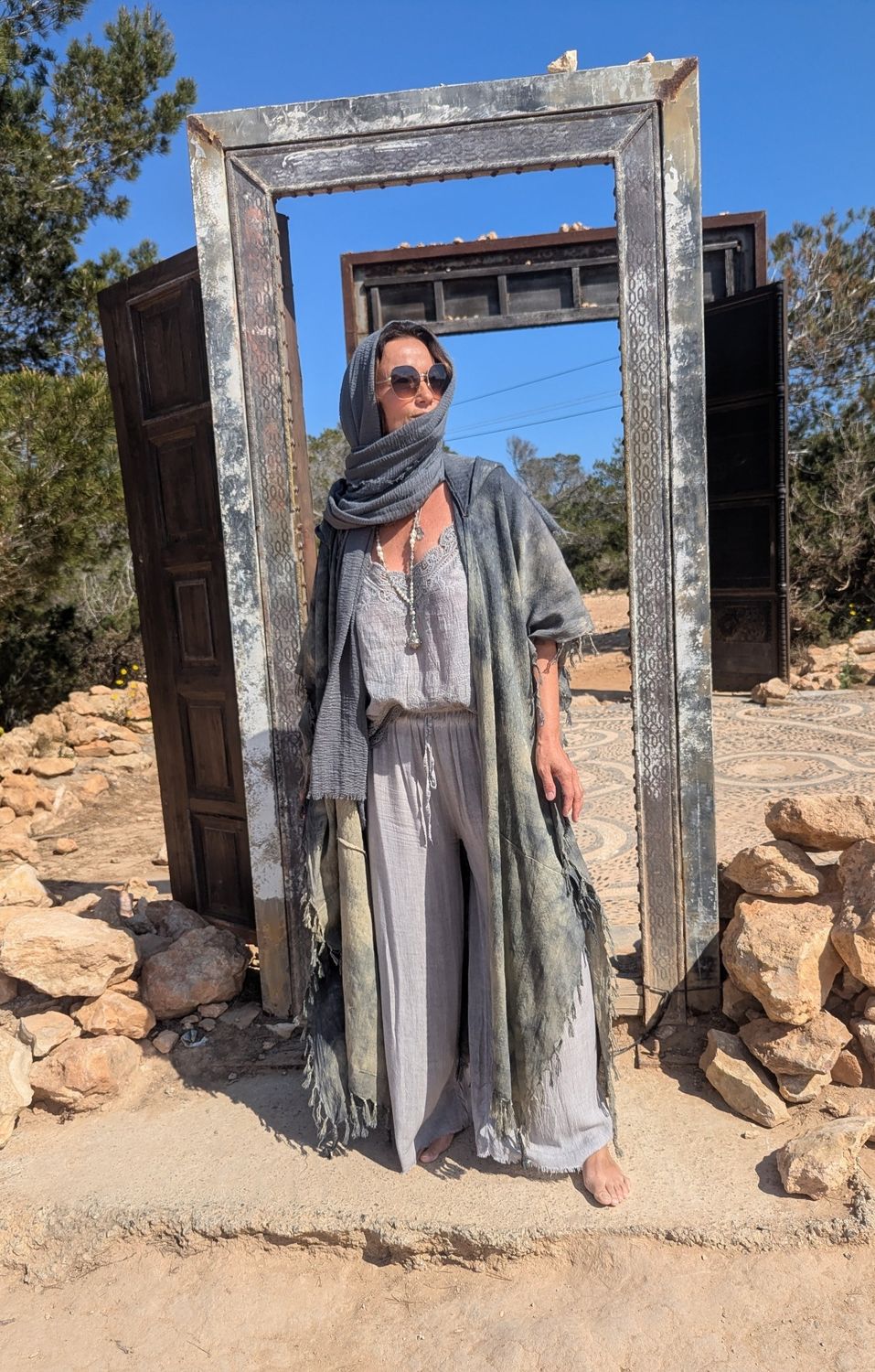 Batik Kimono Kapuze schwarz/beige/dkl.blau