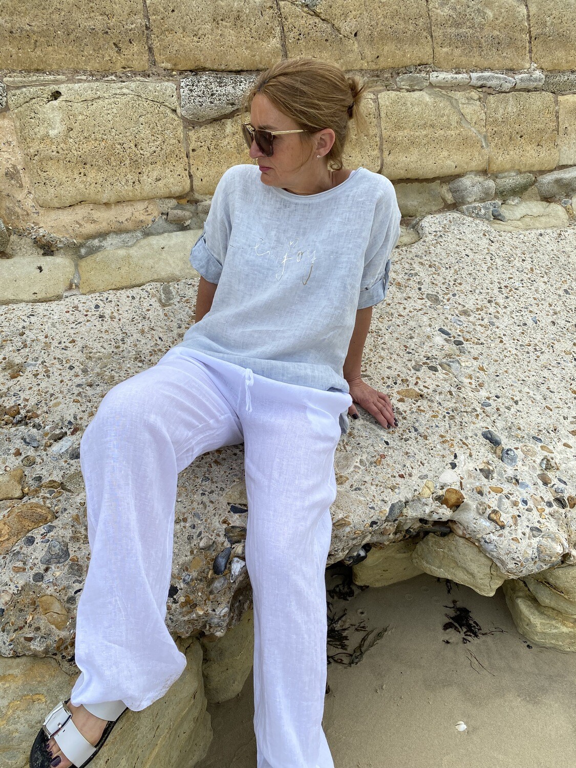 white linen drawstring trousers