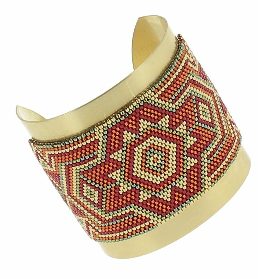 Bracelet jonc laiton et perles tissées, Coloris: Rouge