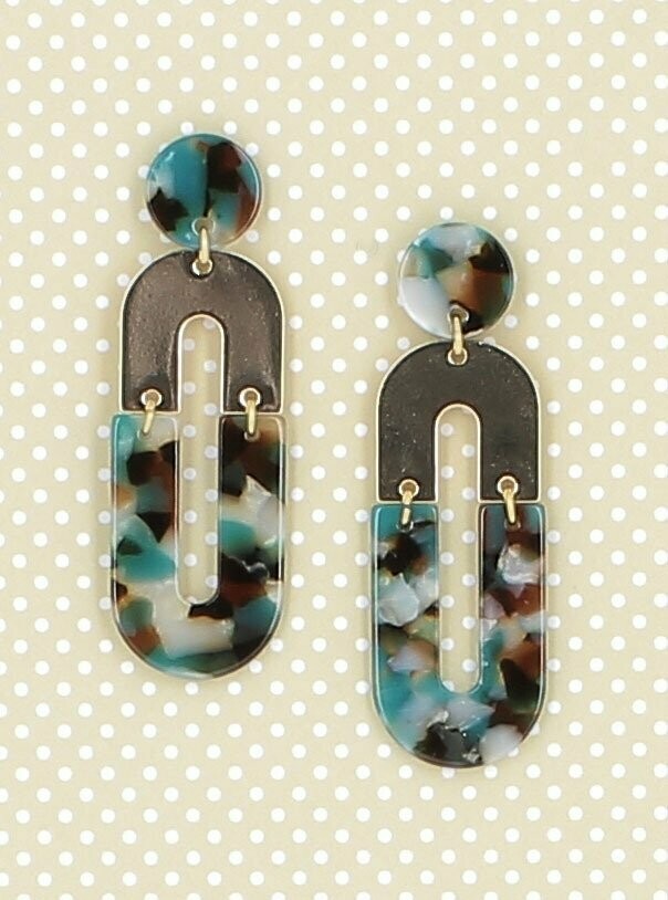 BOs "U" et pendentif résine, Finition: Dorée, Coloris: Bleu