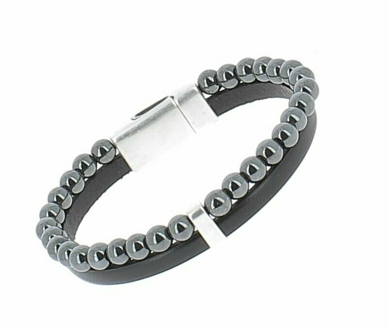 Bracelet Hématite et cuir noir