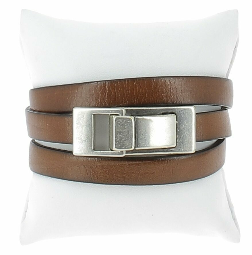 Bracelet cuir 3 tours, fermoir mousqueton, Coloris: Marron, Tour de poignet: 18 cm