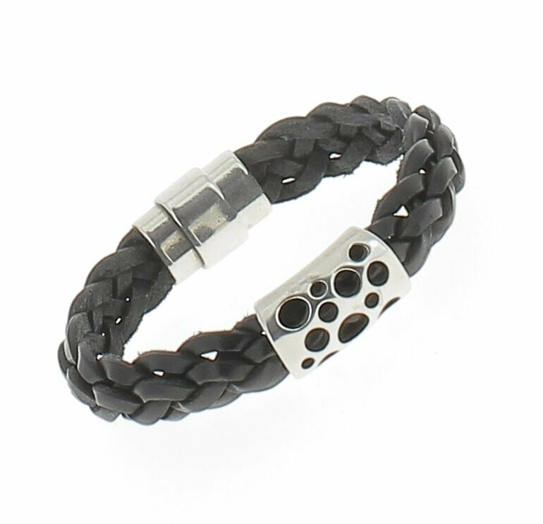 Bracelet cuir tressé, passant à trous, Coloris: Noir, Tour de poignet: 18 cm