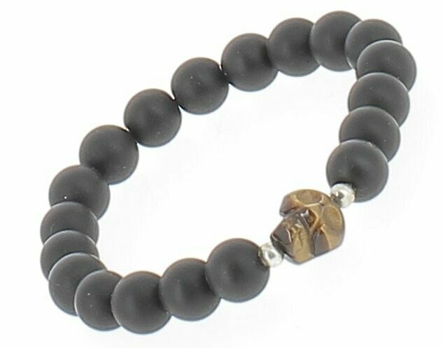Bracelet Agate noire mate, tête de mort Oeil de tigre