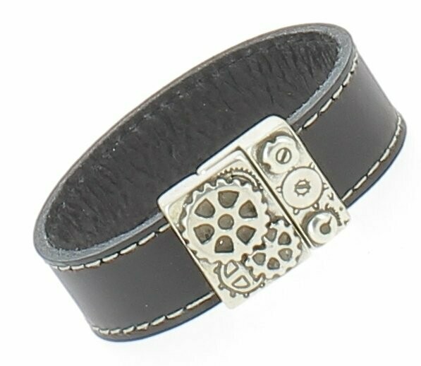 Bracelet cuir noir, engrenage
