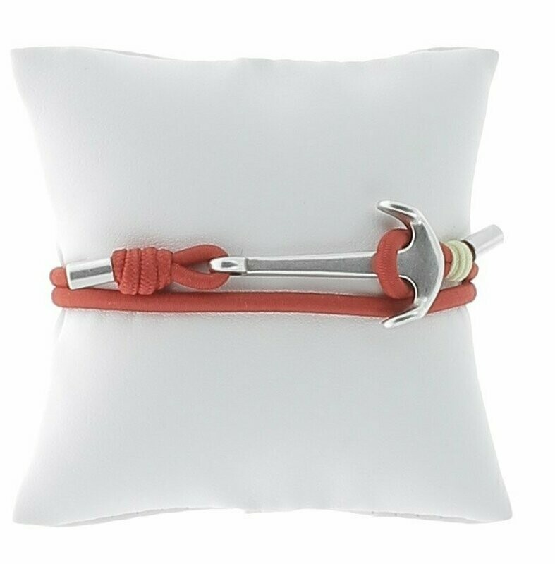 Bracelet cordon élastique rouge, ancre de marine