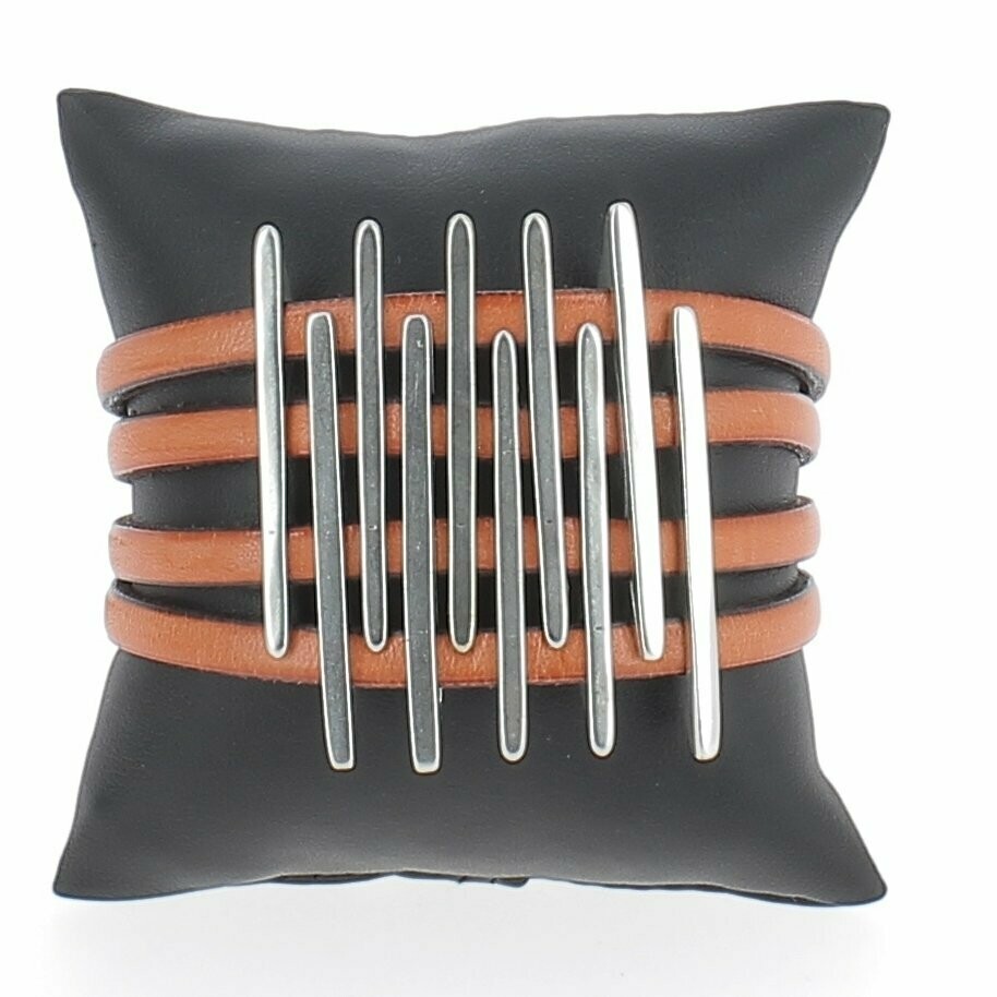 Manchette cuir 4x5mm, barrettes argentées, Coloris: Orange, Tour de poignet: 16 cm