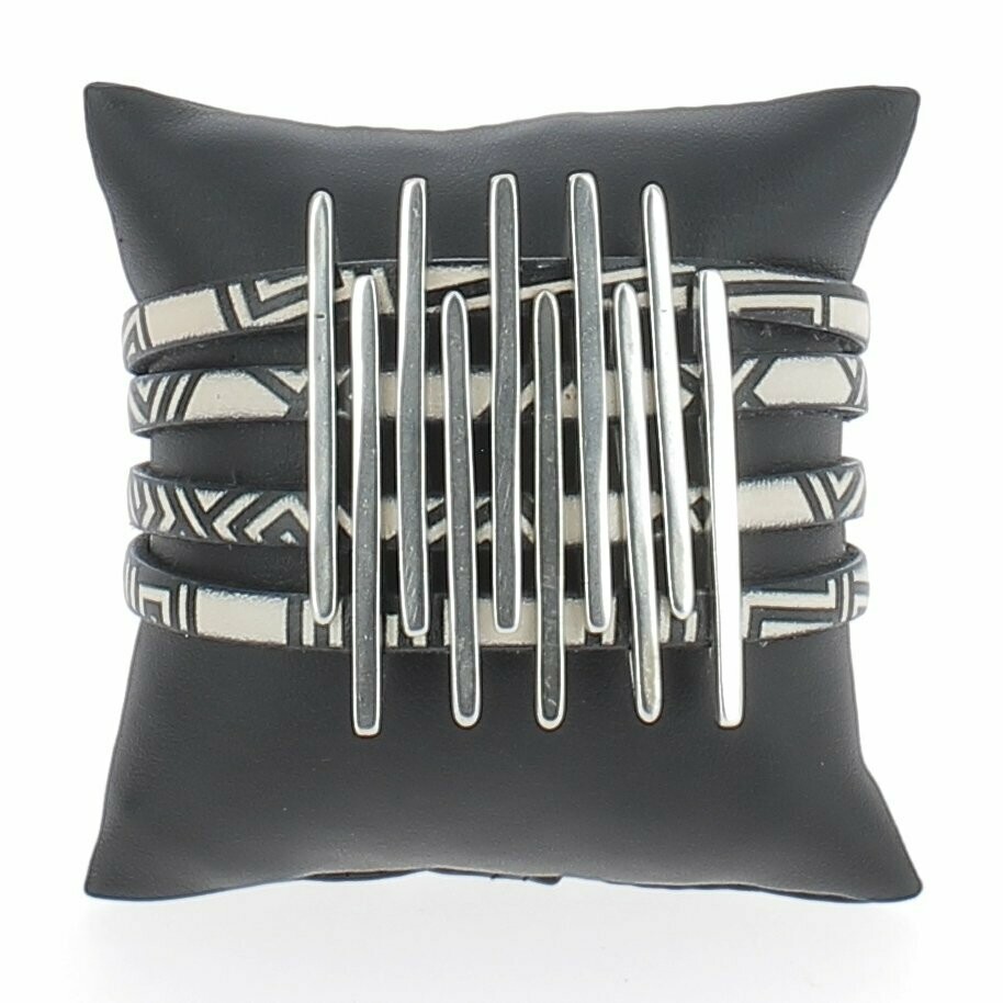 Manchette cuir fantaisie, barrettes argentées, Coloris: Noir et blanc, Tour de poignet: 16 cm