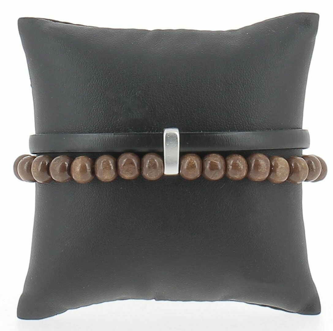 Bracelet cuir et perles, Couleur du cuir: Noir, Tour de poignet: 18 cm