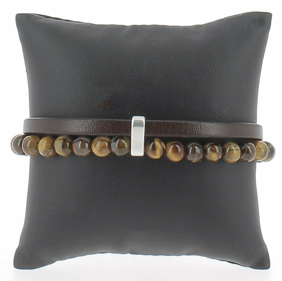Bracelet cuir et perles, Pierre: Oeil de Tigre, Tour de poignet: 18 cm