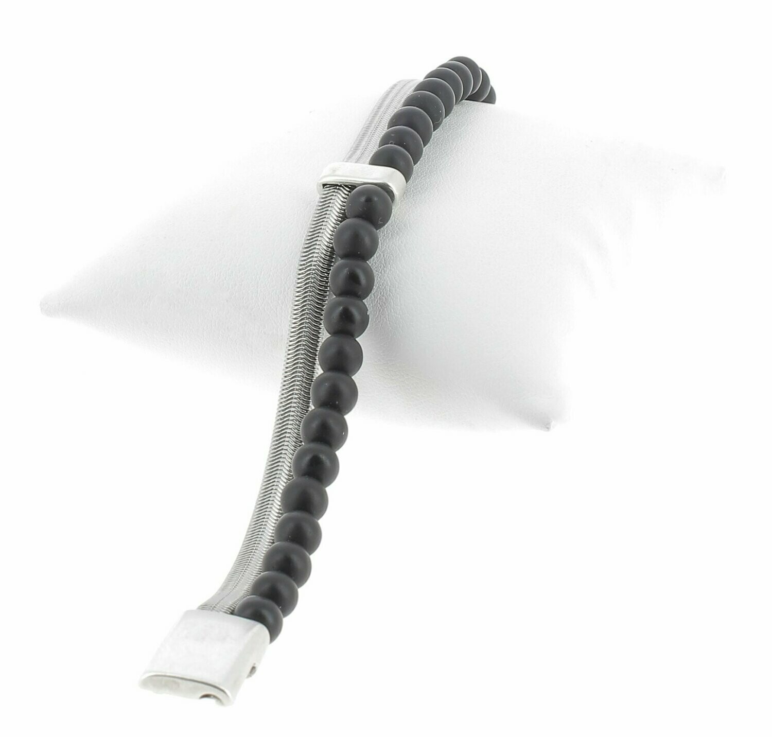 Bracelet chaîne métal et perles, Choix de la pierre: Agate noire mate, Tour de poignet: 16 cm