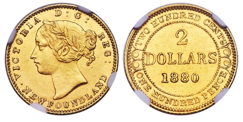 1880 Canada Newfoundland Gold 2 Dollars