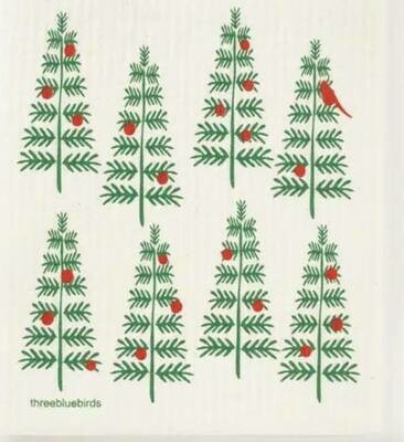 Christmas tree w red bird Swedish Dishcloth