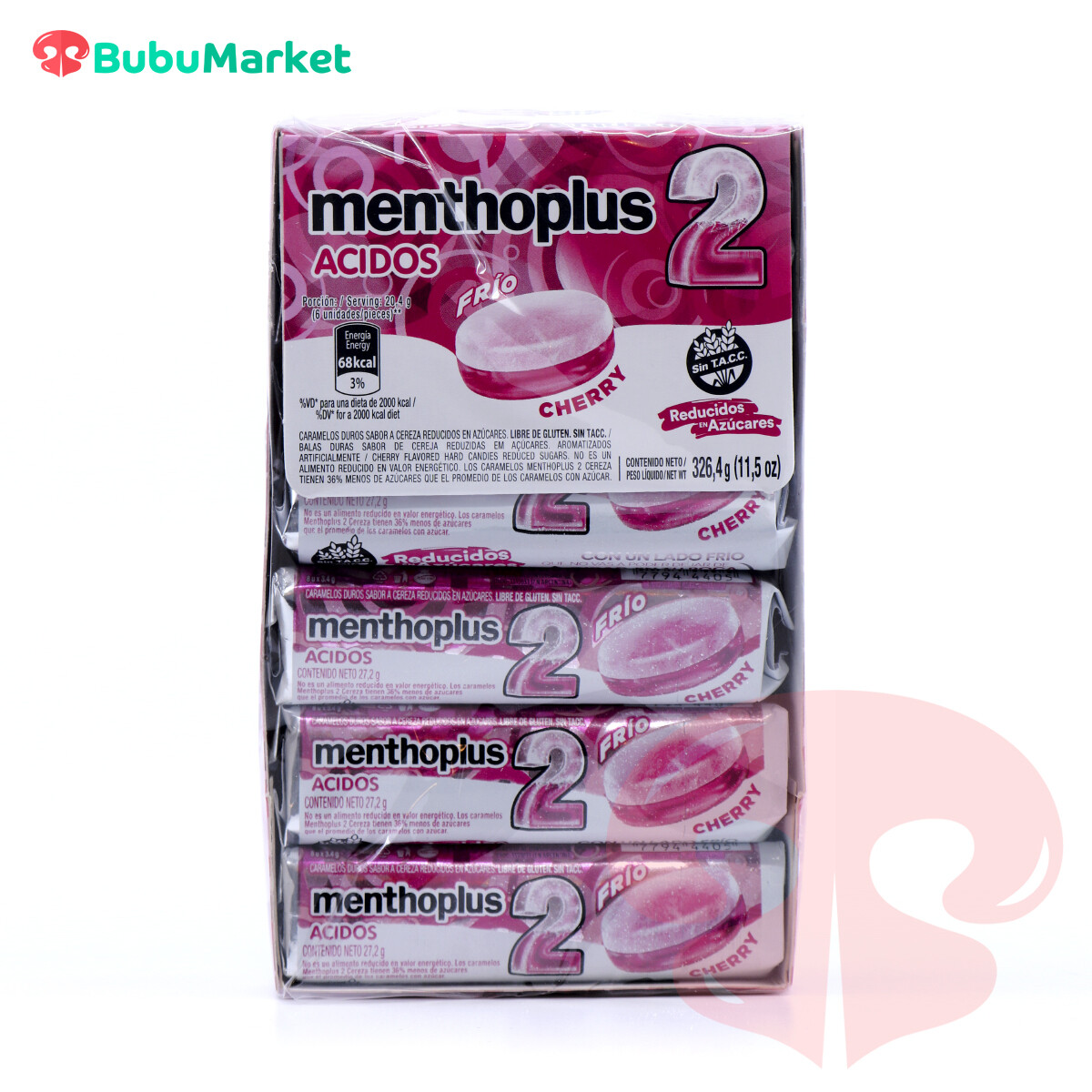 MENTHOPLUS CARAMELO ACIDO CHERRY CAJA DE 12 U. MENTHOPLUS CARAMELO ACIDO CHERRY CAJA DE 12 U.