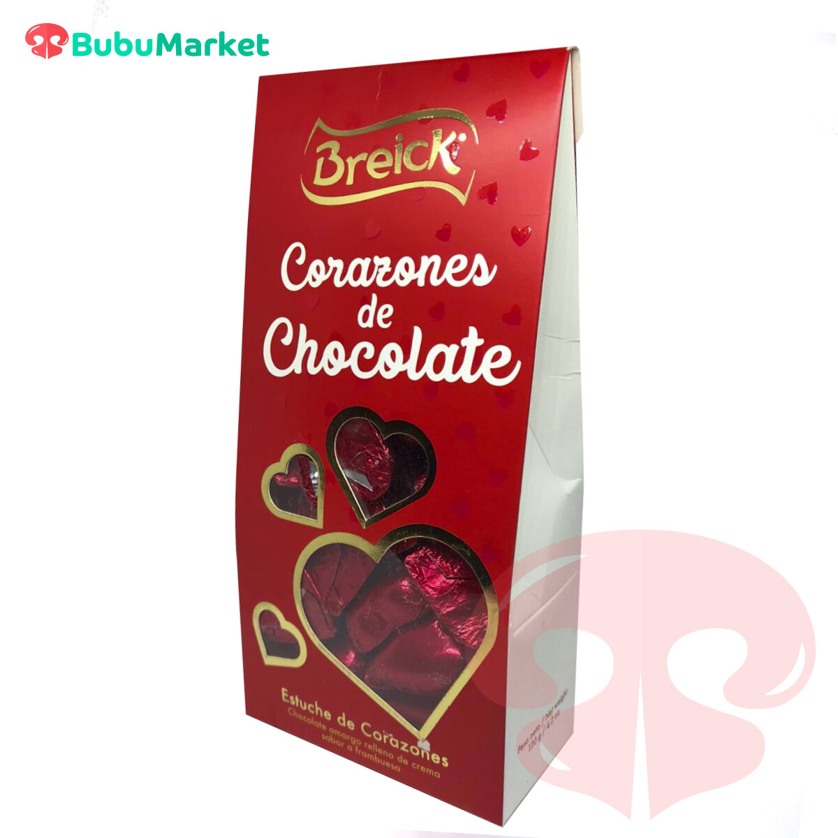 CORAZONES DE CHOCOLATE AMARGO RELLENO DE CREMA FRAMBUESA BREICK CAJA PIRAMIDE 120 GR. CORAZONES DE CHOCOLATE AMARGO RELLENO DE CREMA FRAMBUESA BREICK CAJA PIRAMIDE 120 GR.