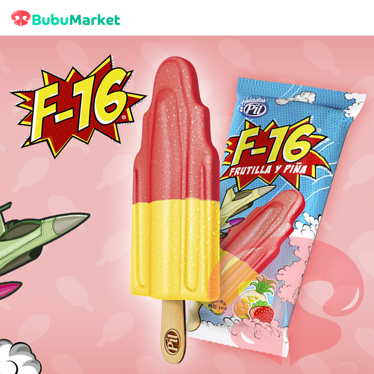 HELADO PIL PALETA DE AGUA F-16 FRUTILLA Y PIÑA 65 ML. HELADO PIL PALETA DE AGUA F-16 FRUTILLA Y PIÑA 65 ML.