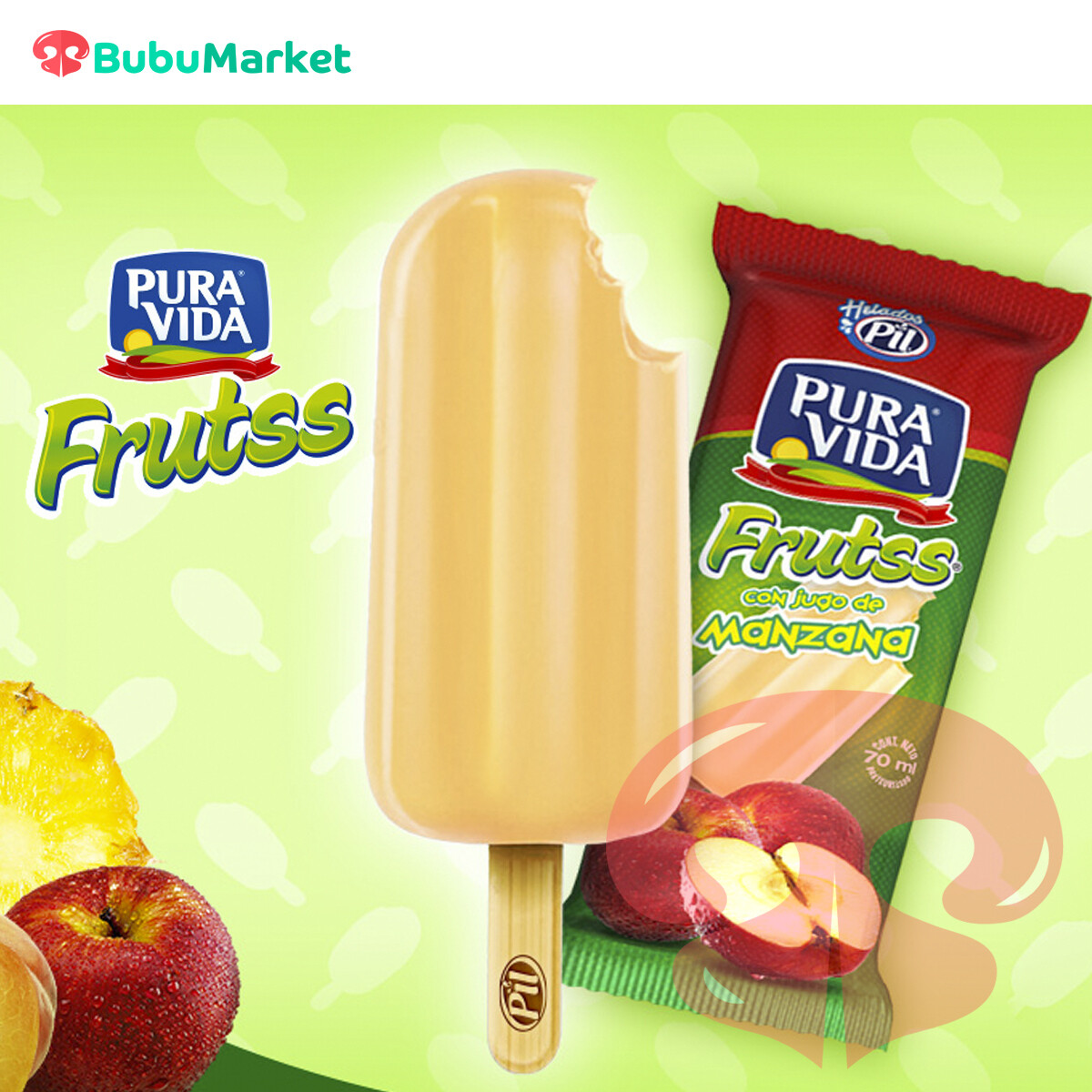 HELADO PIL PALETA DE AGUA PURA VIDA FRUTSS MANZANA 70 ML. HELADO PIL PALETA DE AGUA PURA VIDA FRUTSS MANZANA 70 ML.