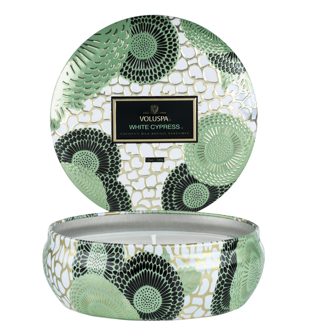 Voluspa  White Cypress 3 Wick Tin Candle
