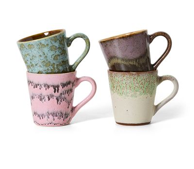 HK living​ 70er Jahre Keramik Espressobecher Brutalism, 4er Set