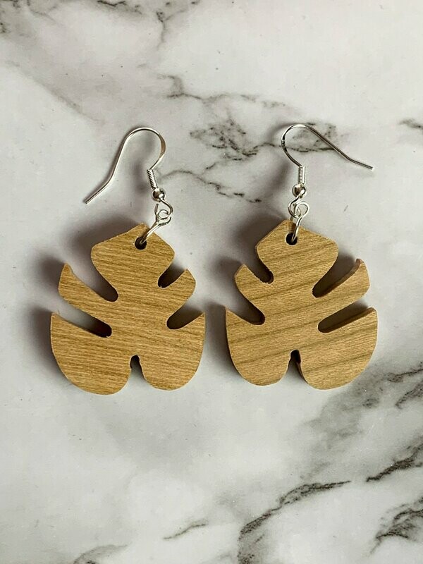 Cherry Wood Monstera Leaf Earrings