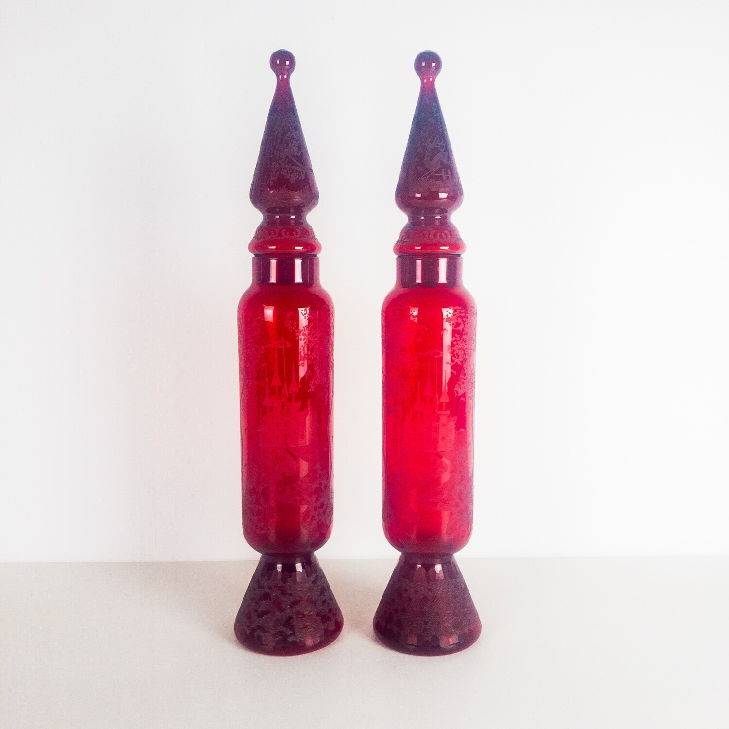 Pair of engraved glass bottles, 1960s