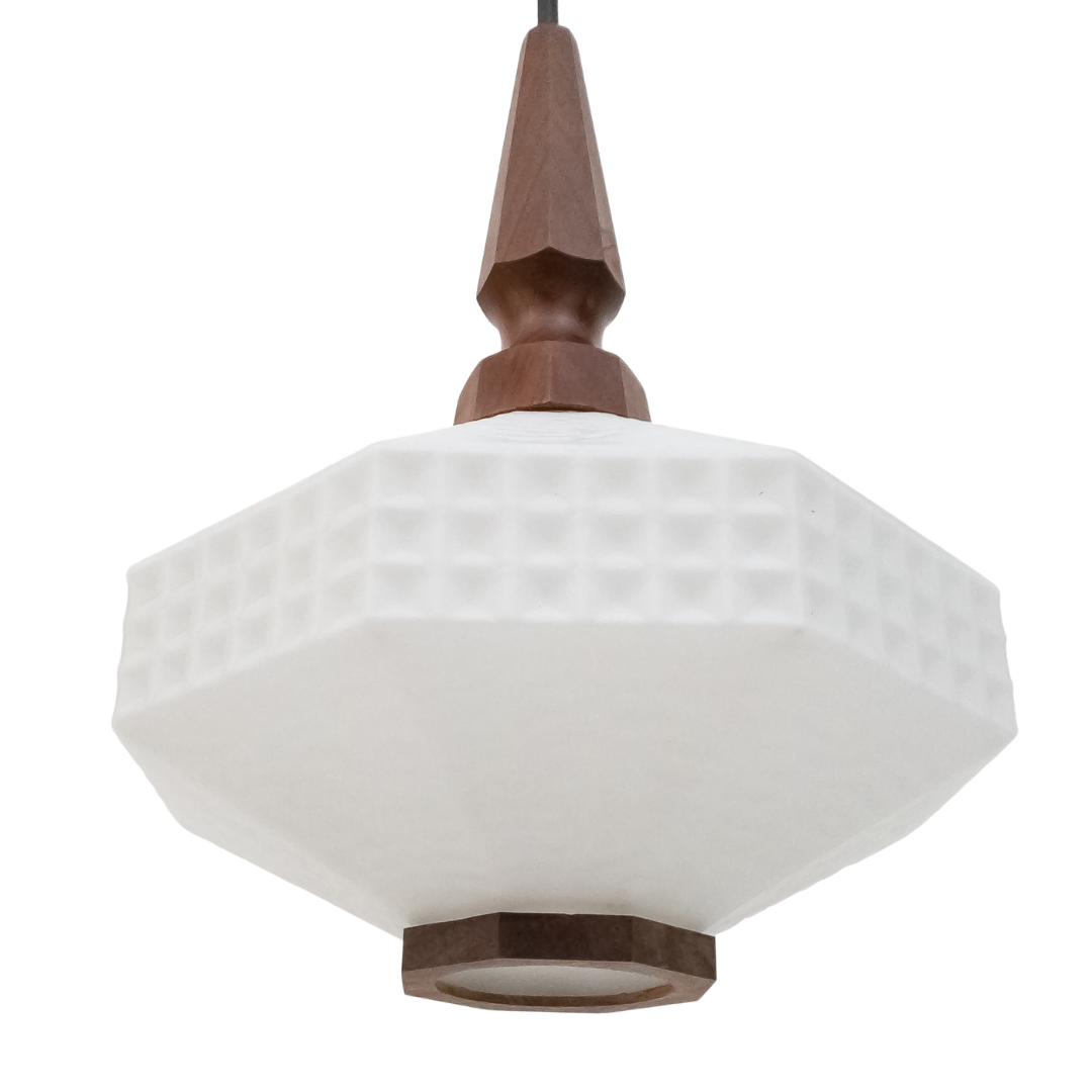 Geometric pendant lamp in glass and teak