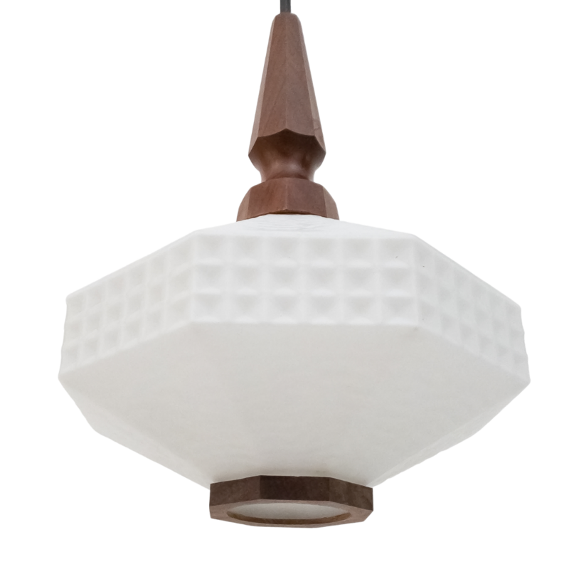 Geometric pendant lamp in glass and teak