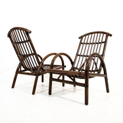 Set of 2 Bamboo armchairs with footrest by Longhi Rattan, Italy 1970s