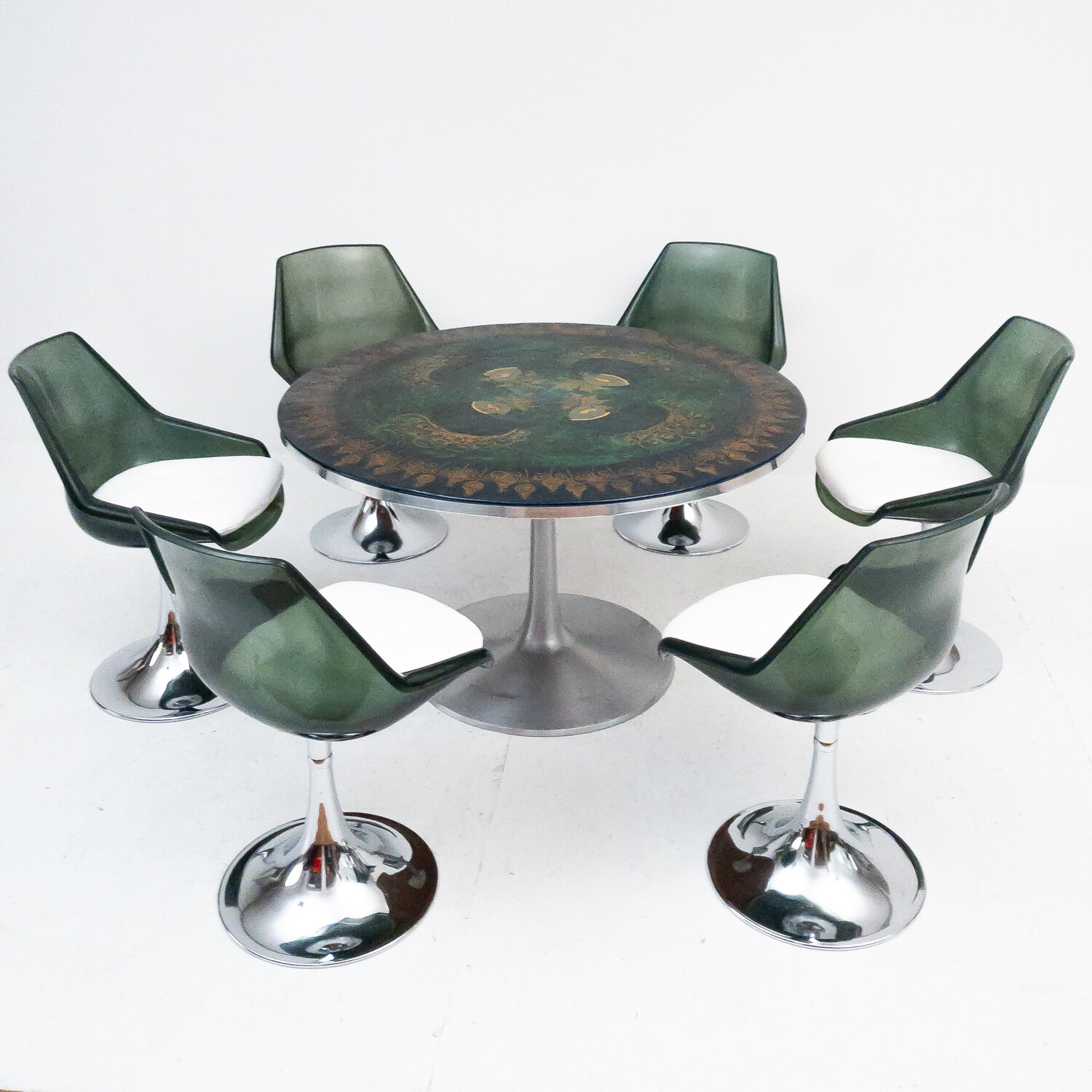 Mygge Round Dining Table Set by Poul Cadovius and Bjørn Wiinblad for France & Søn and 6 Tulip Style Chairs by S.A Ranger, 1960s France