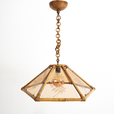 Hexagonal suspension lamp in glass and bamboo, Italy 1970s