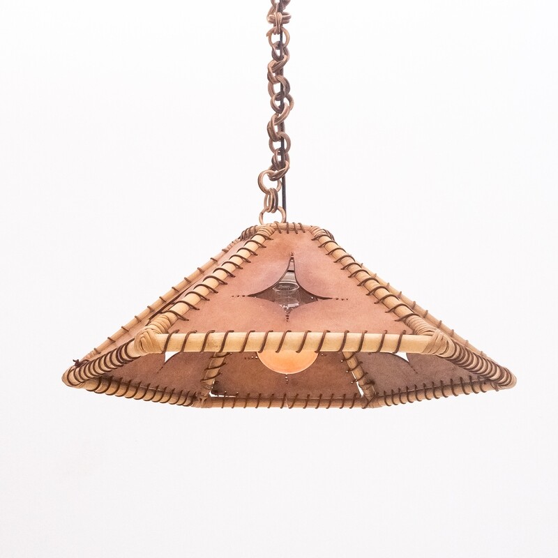 Suspension lamp in bamboo and leather, Italy 1970s