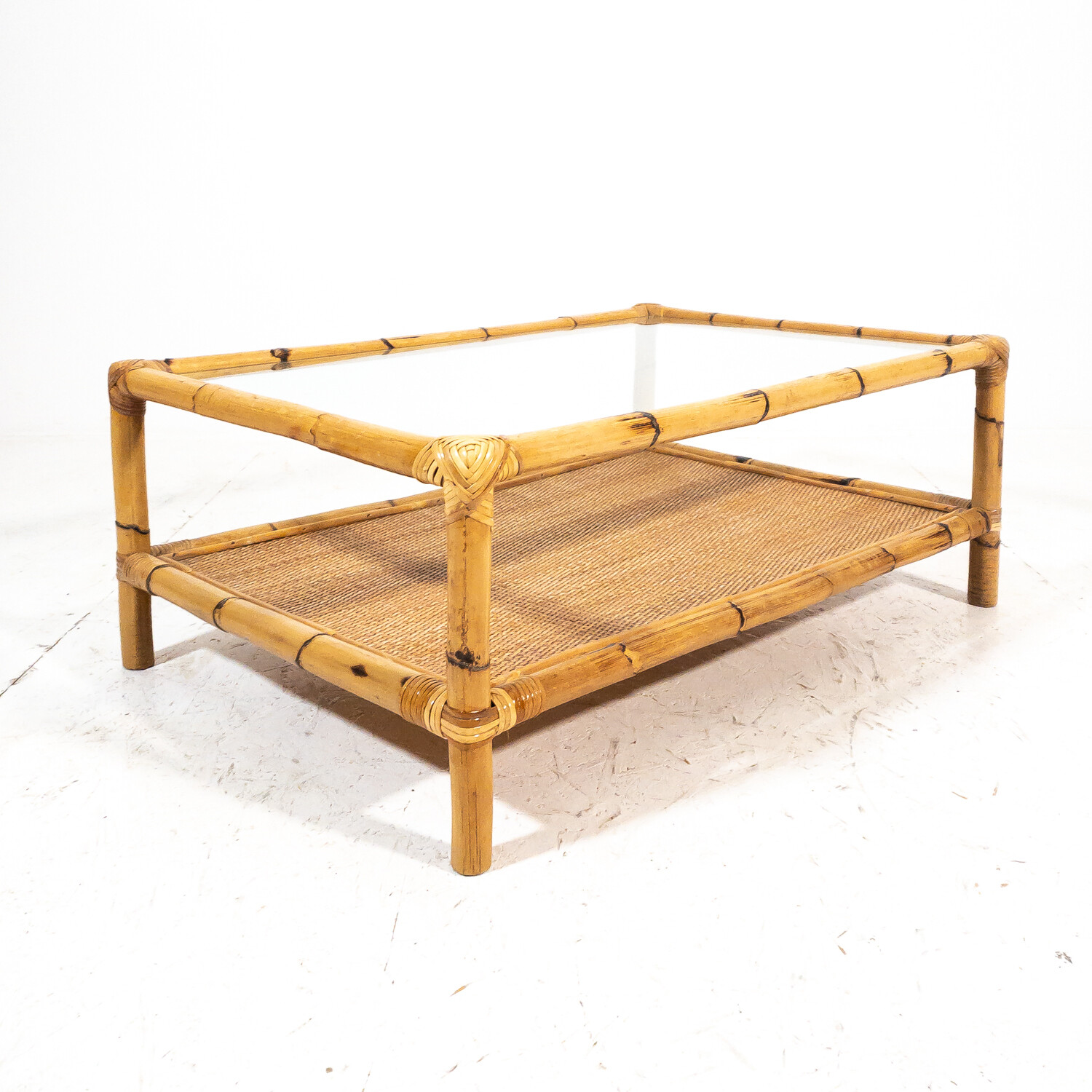 Rectangular bamboo coffee table with glass top, Italy 1970s