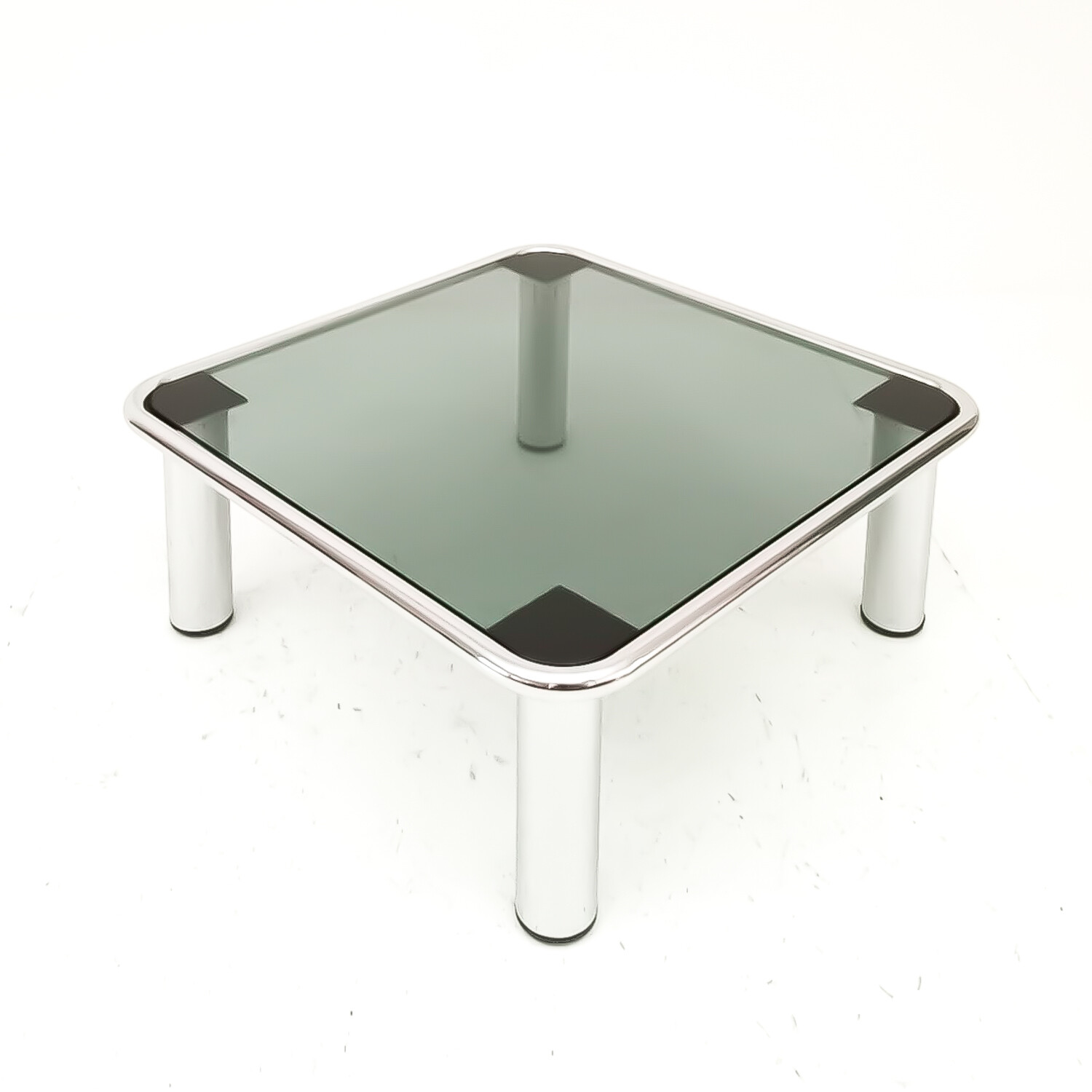 Tavolino da caffè quadrato in stile Sesann in acciaio cromato e vetro fumè, Italia anni '70