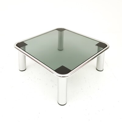 Sesann style square coffee table in chromed steel and smoked glass, Italy 1970s