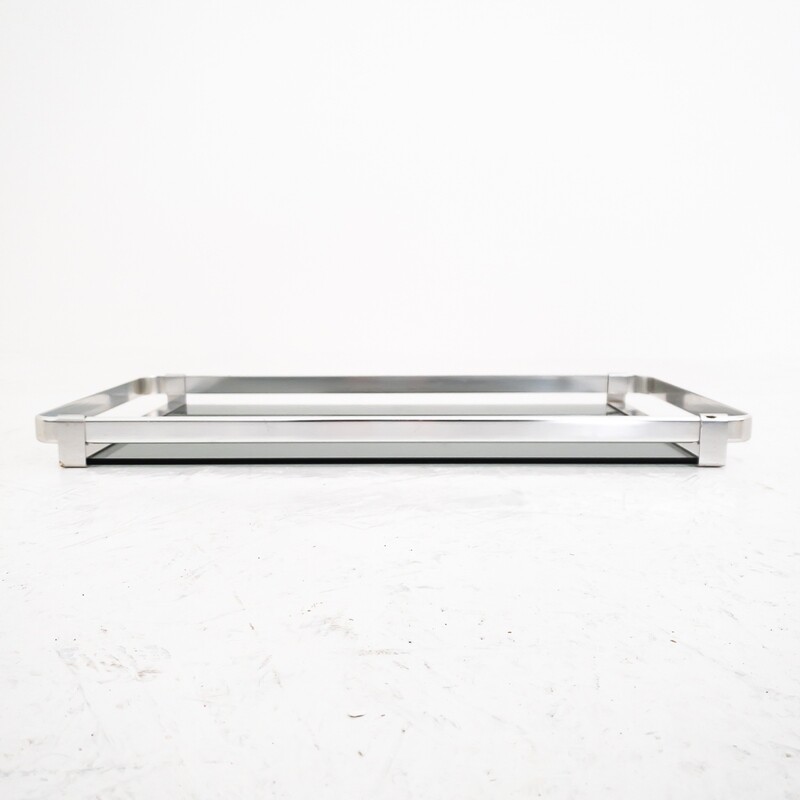 Vintage tray in satin finish metal and smoked glass, MB Italia 70's