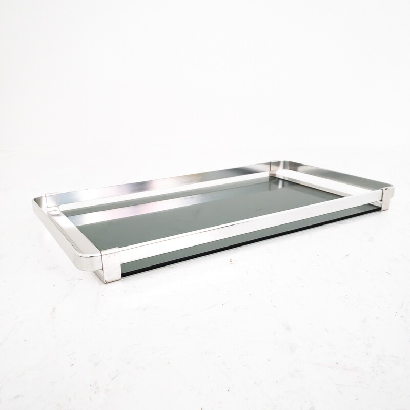 Vintage tray in satin finish metal and smoked glass, MB Italia 70&#39;s