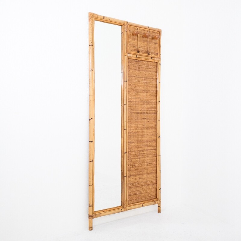 Wall coat hanger in bamboo and rush with mirror, Italy 70s