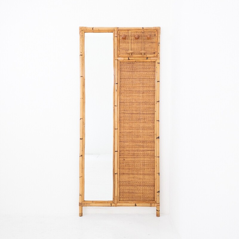 Wall coat hanger in bamboo and rush with mirror, Italy 70s