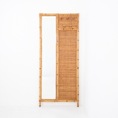 Wall coat hanger in bamboo and rush with mirror, Italy 70s