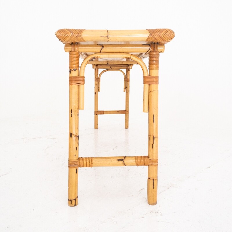 Rectangular console in bamboo and rattan with glass top, Italy 70s