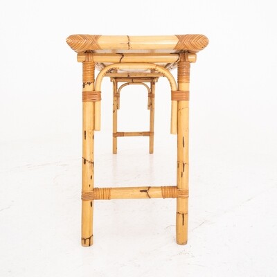Rectangular console in bamboo and rattan with glass top, Italy 70s