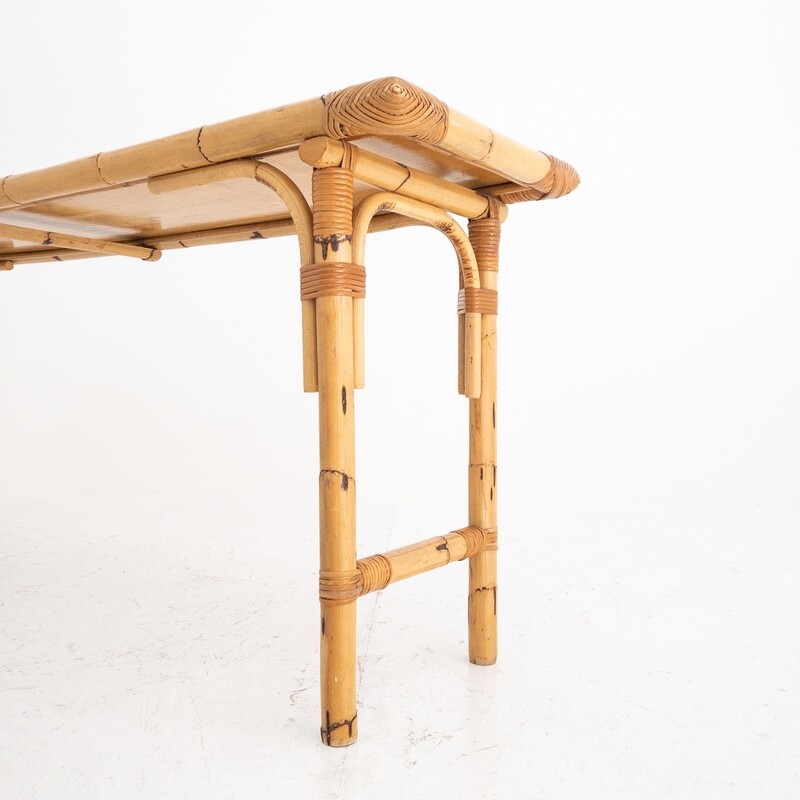 Rectangular console in bamboo and rattan with glass top, Italy 70s