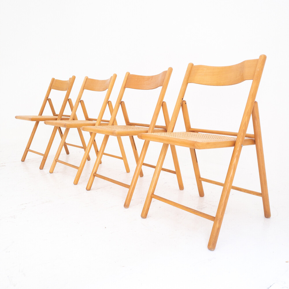Set di 4 sedie pieghevoli in legno e paglia di Vienna, Italia anni '80