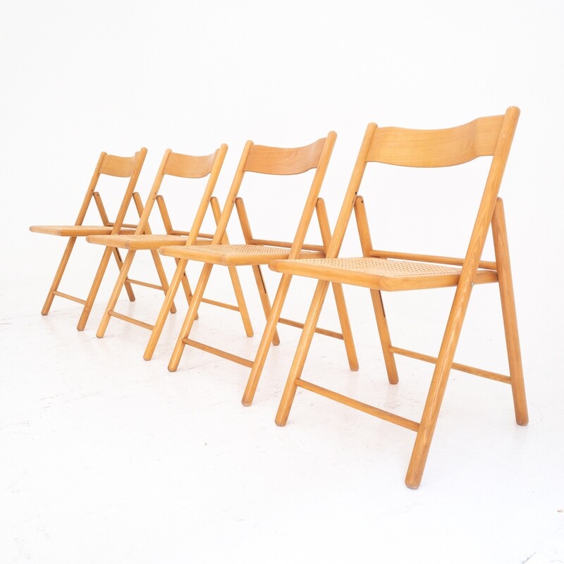 Set of 4 folding chairs in wood and Vienna straw, Italy, 1980s
