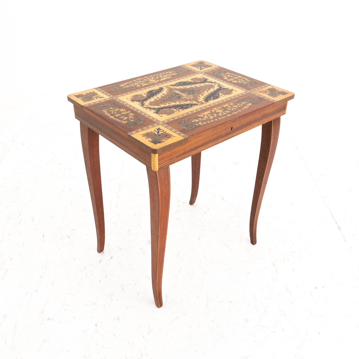 Tavolino in legno carrillon con piano intarsiato, anni '50